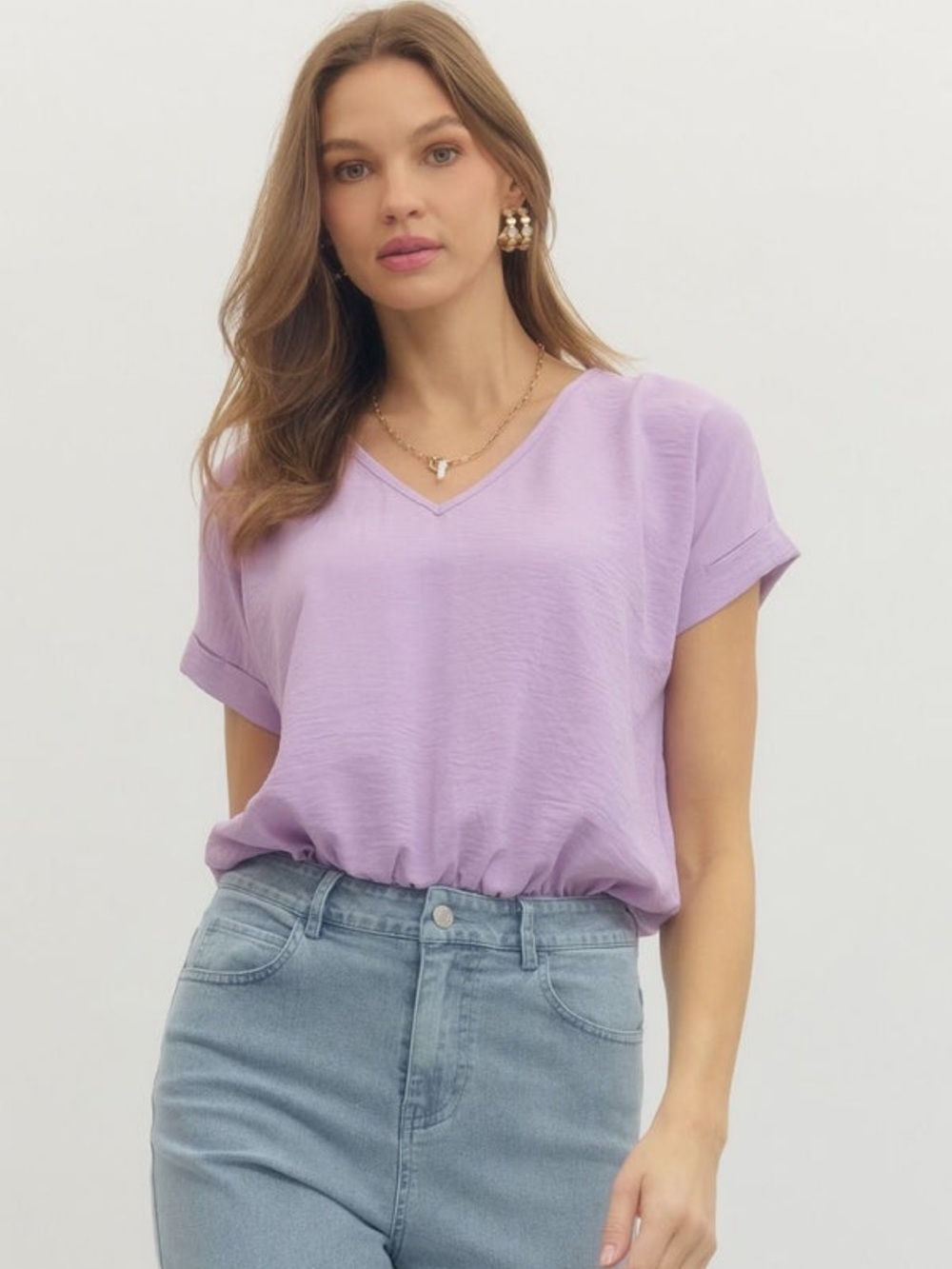 NWT Entro Lilac Lavender V-Neck Short Sleeve Bodysuit Blouse Size Large